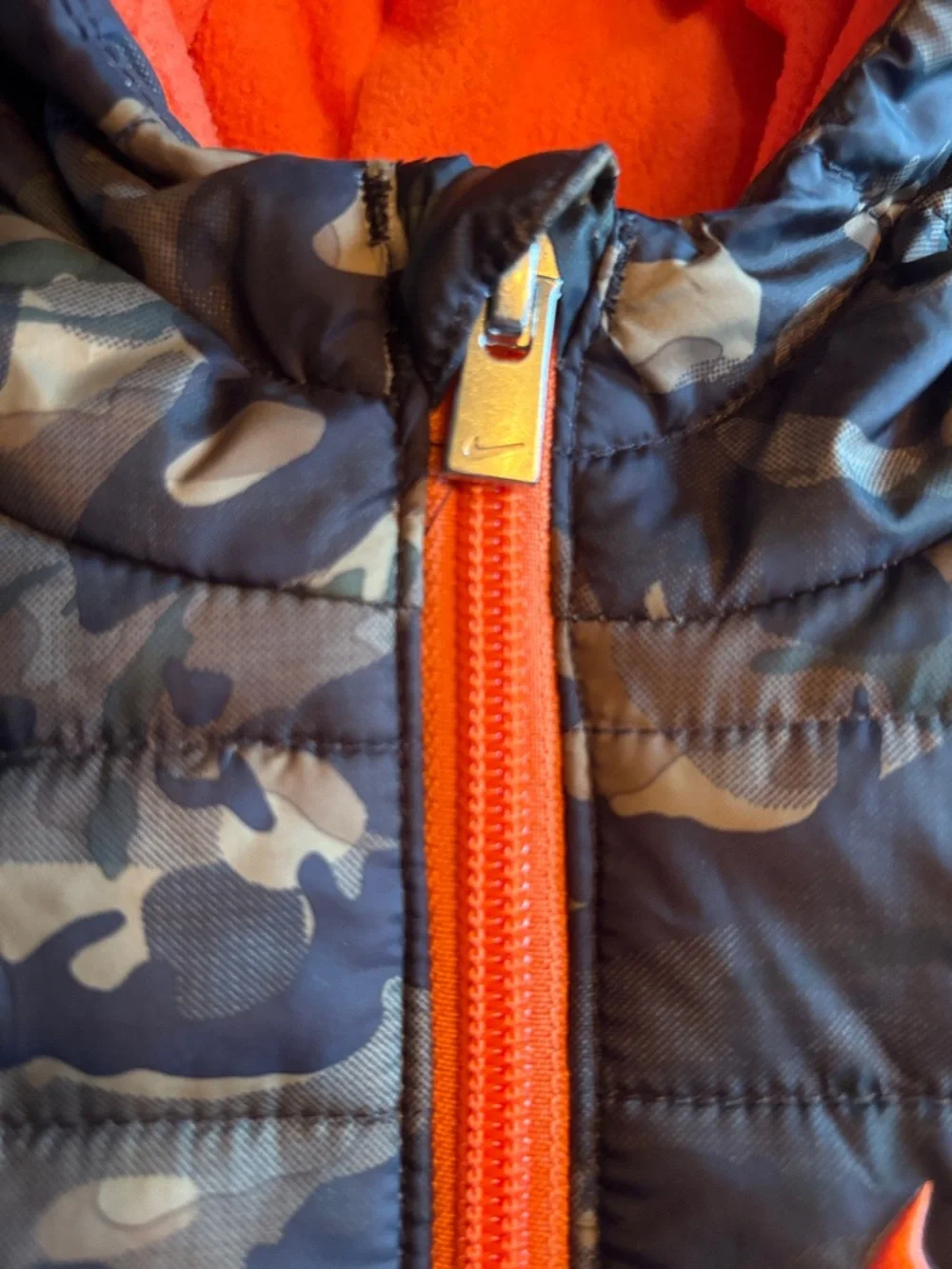 Nike Toddler Camo Puffer Jacket with Orange Lining - 12 Months